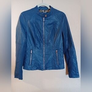 Black Rivet Moto Style Faux Leather Blue/Cheetah Print Jacket Sz S